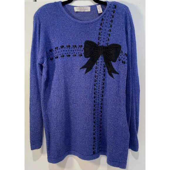 Karen Scott Sweaters - Vtg Karen Scott Silk Blend Bow Sweater Size M Beads Ribbon Preppy Twee Holiday